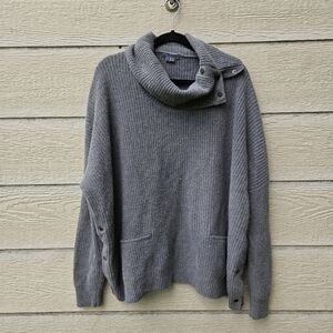 Vince Oversized Twill Cowl Turtleneck Snap Pocket Wool Yak Sweater Gray large